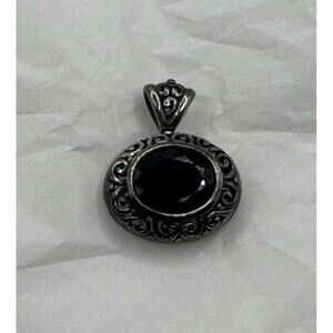 Vintage 925 Sterling Silver Ornate Black Oval Amethyst Stone Charm Pendant